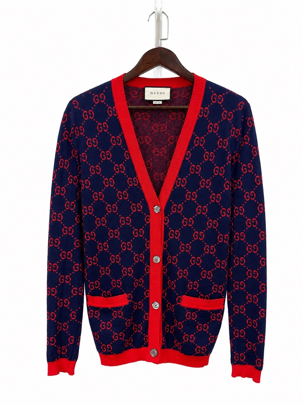 Gucci Navy & Red GG-Pattern Wool Cardigan